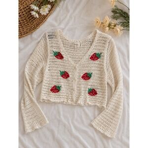 WoWo Cream Cotton Crochet Strawberry Embroidered Cropped Cardigan Sweater Small
